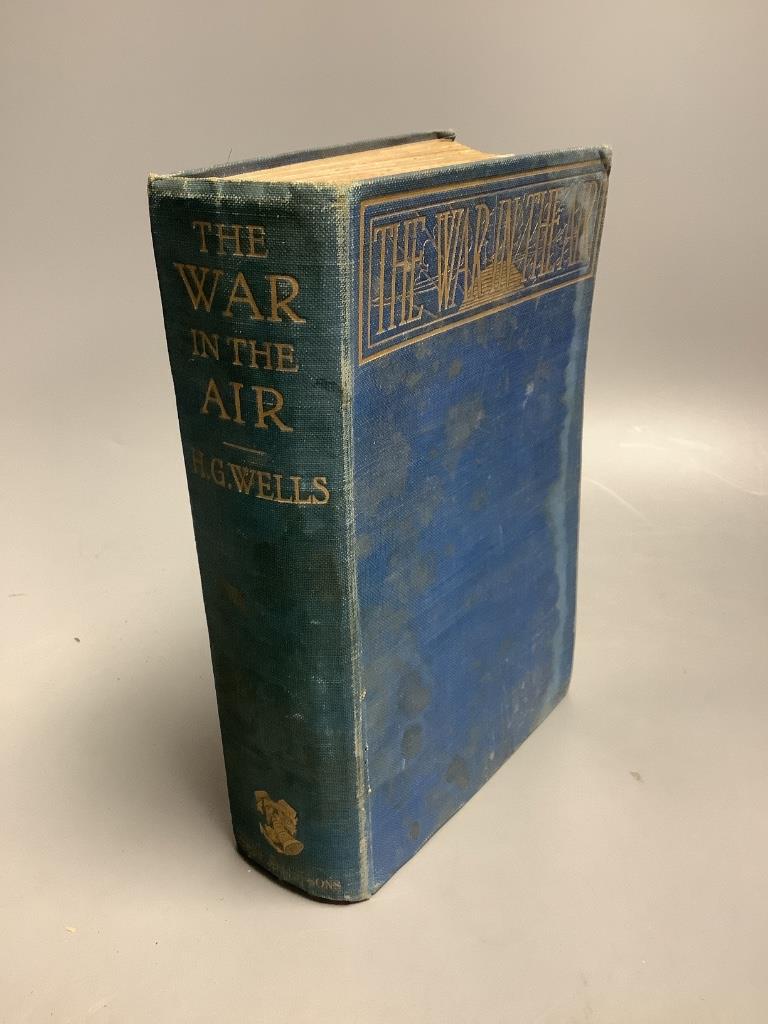 Wells, H.G. – The War in the Air, 1st edition, 16 plates (by A.C. Michael), half title, advert. leaf, publisher’s gilt-lettered and decorated blue cloth, 1908